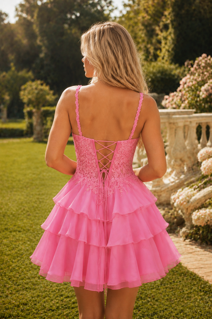 A-Line Straps Scoop Neck Appliques Ruffles Short Homecoming Dress