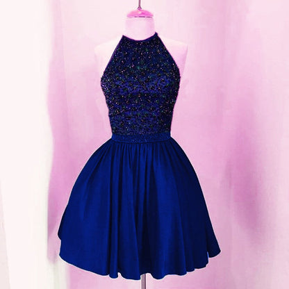 A-line Beaded Halter Keyhole Back Satin Homecoming Dresses Short