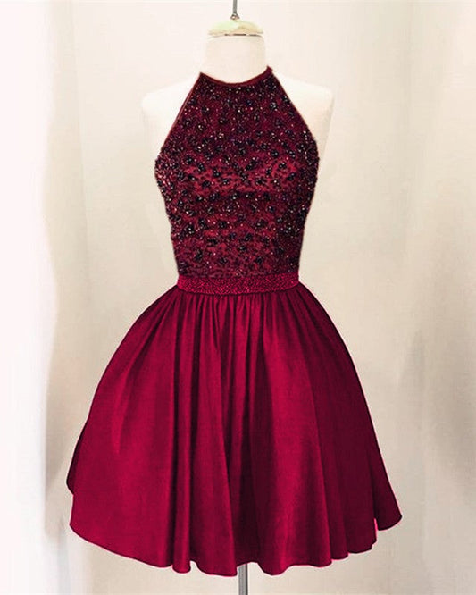 A-line Beaded Halter Keyhole Back Satin Homecoming Dresses Short