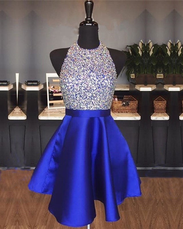 A-line Beaded Halter Satin Prom Dresses Short Open Back Homecoming Dresses