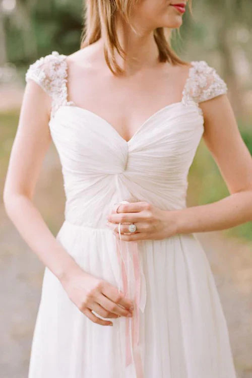 Aimishang Elegant A-line Chiffon Cap Sleeves Wedding Dress with Appliques