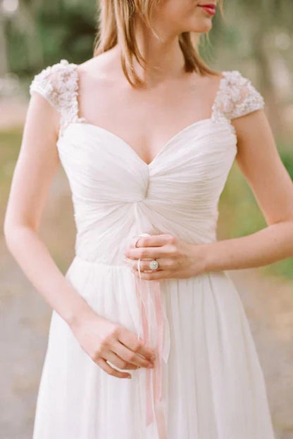 Aimishang Elegant A-line Chiffon Cap Sleeves Wedding Dress with Appliques