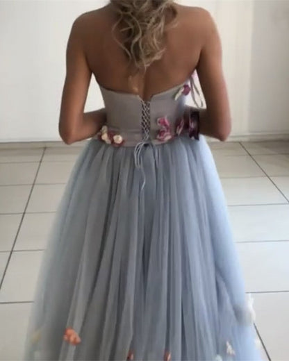 A-line Floral Flowers Sweetheart Tulle Floor Length Wedding Dress