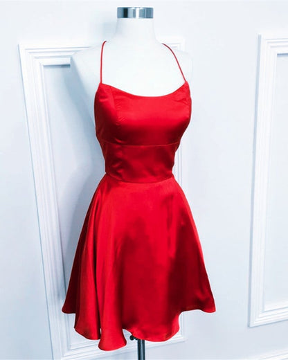 A-line Halter Top Satin Short Mini Prom Dresses For Homecoming Party