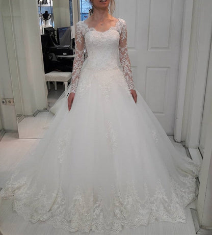 A-line Princess Style Tulle Wedding Dresses Lace Long Sleeves