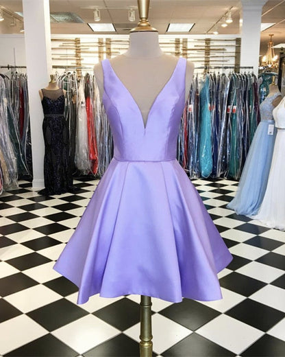 A-line V-neck Satin Homecoming Dresses Short Prom Gowns