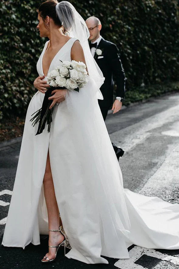 Simple Ivory Satin A-line V-Neck Wedding Dresses with Pockets