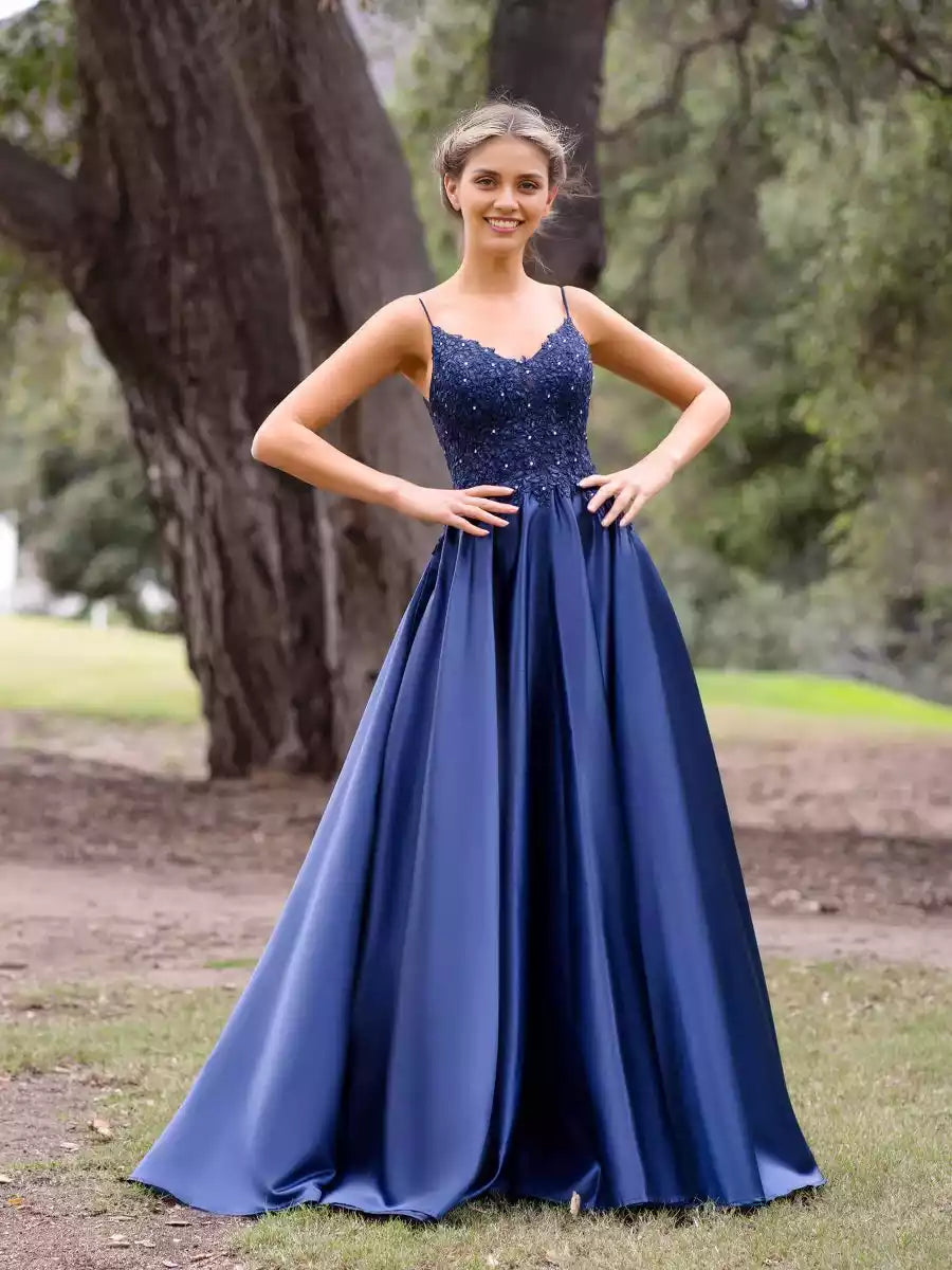 A-line satin and ground thin shoulder straps that showcase personality, V-neck sleeveless lace decals and beaded zippers on the back Prom Dresses