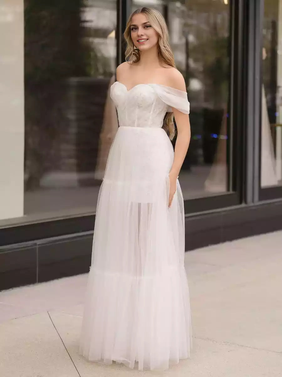 A-line sheer and heart-shaped neckline with off shoulder lace decals and sequins, pleats, ruffled edges, zipper back, Prom Dresses to showcase personality