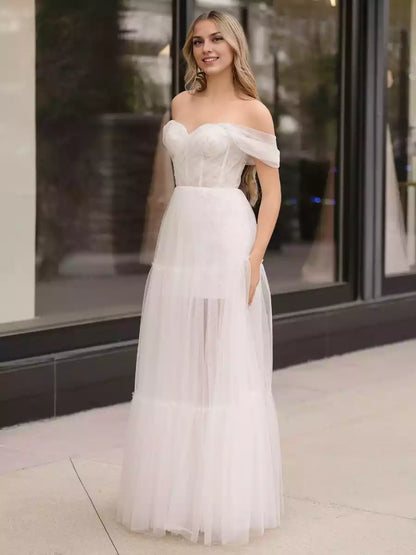 A-line sheer and heart-shaped neckline with off shoulder lace decals and sequins, pleats, ruffled edges, zipper back, Prom Dresses to showcase personality