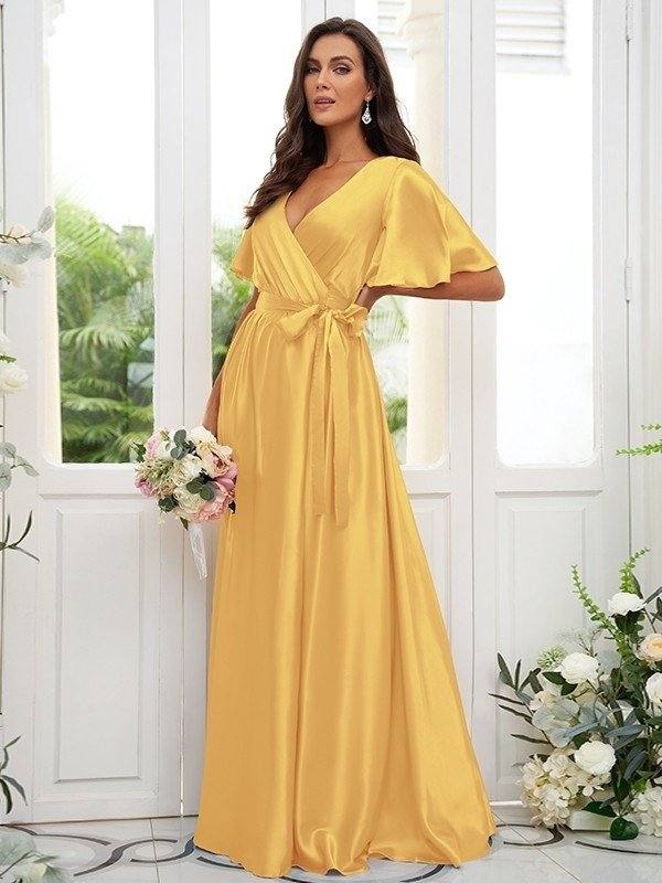 A-Line/Princess Silk like Satin Sash/Ribbon/Belt V-neck Short Sleeves Floor-Length Bridesmaid Dresses - RongMoon