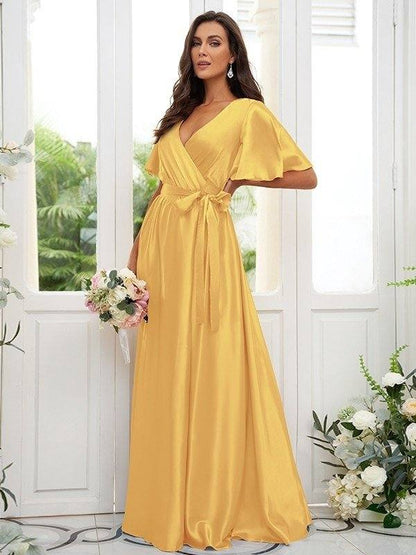 A-Line/Princess Silk like Satin Sash/Ribbon/Belt V-neck Short Sleeves Floor-Length Bridesmaid Dresses - RongMoon