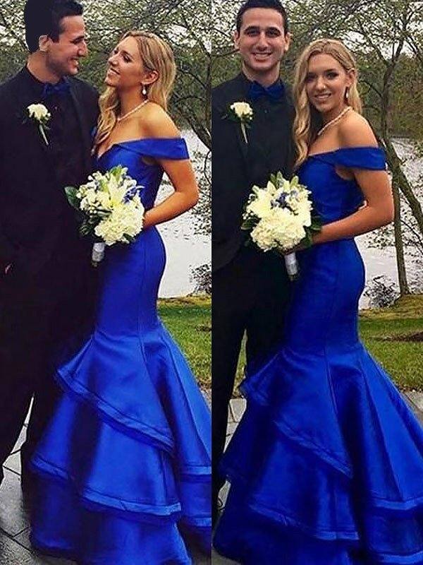 Trumpet/Mermaid Sleeveless Off-the-Shoulder Satin Layers Sweep/Brush Train Dresses - RongMoon