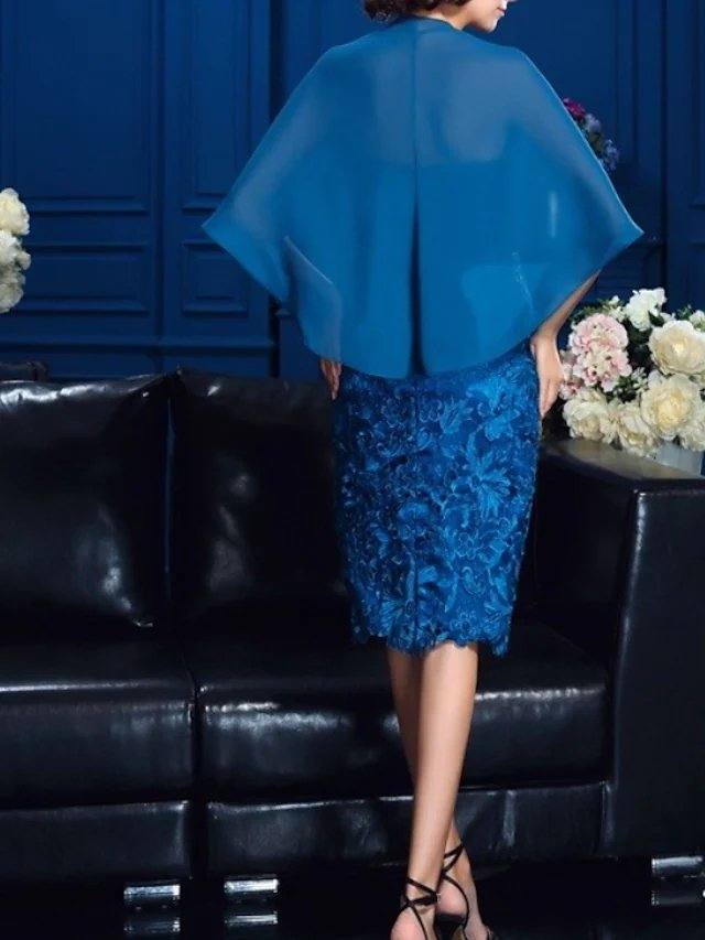 Two Piece A-Line Mother of the Bride Dress Elegant Jewel Neck Knee Length Chiffon Lace Half Sleeve with Appliques - RongMoon