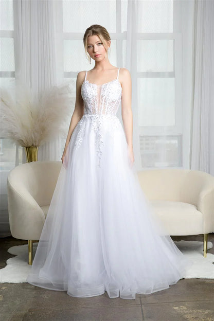 Embroidered floral decal long sleeveless transparent tight corset wedding dress