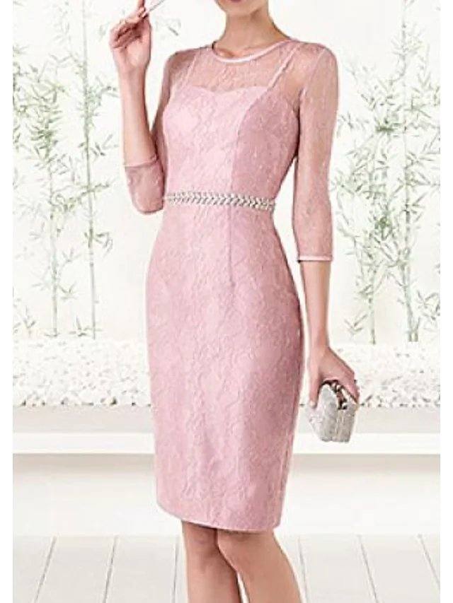 Two Piece Sheath / Column Mother of the Bride Dress Elegant Illusion Neck Jewel Neck Knee Length Chiffon Lace Satin 3/4 Length Sleeve with Lace Sash / Ribbon - RongMoon