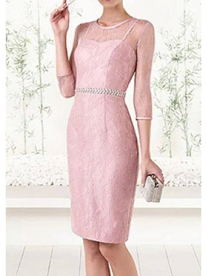Two Piece Sheath / Column Mother of the Bride Dress Elegant Illusion Neck Jewel Neck Knee Length Chiffon Lace Satin 3/4 Length Sleeve with Lace Sash / Ribbon - RongMoon