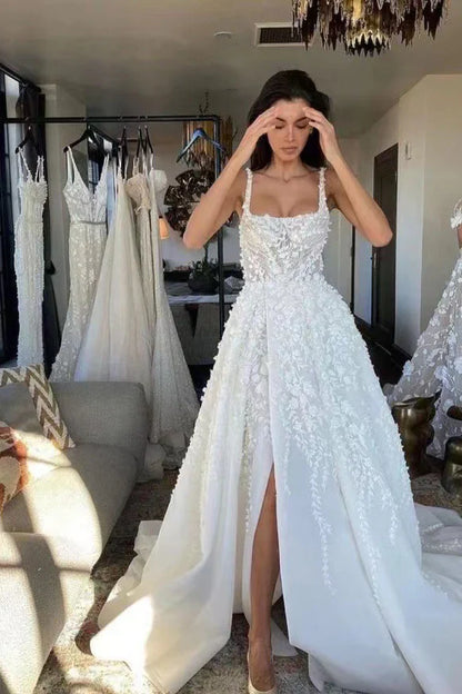 White fantasy square neck slit lace applique long tulle backless bridal gown wedding dress gh2404