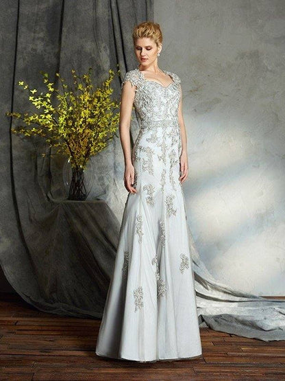 Sheath/Column Sweetheart Applique Sleeveless Long Satin Mother of the Bride Dresses - RongMoon