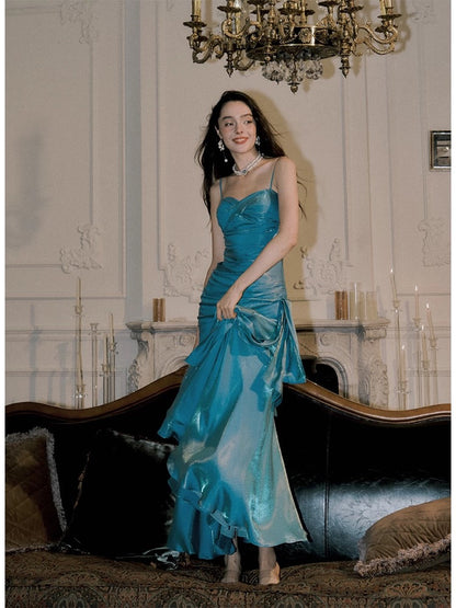 Elegant Mermaid Spaghetti Straps Blue Satin Long Prom Dresses Party Dress 21st Birthday Outfits Graduation Dresses DH2398