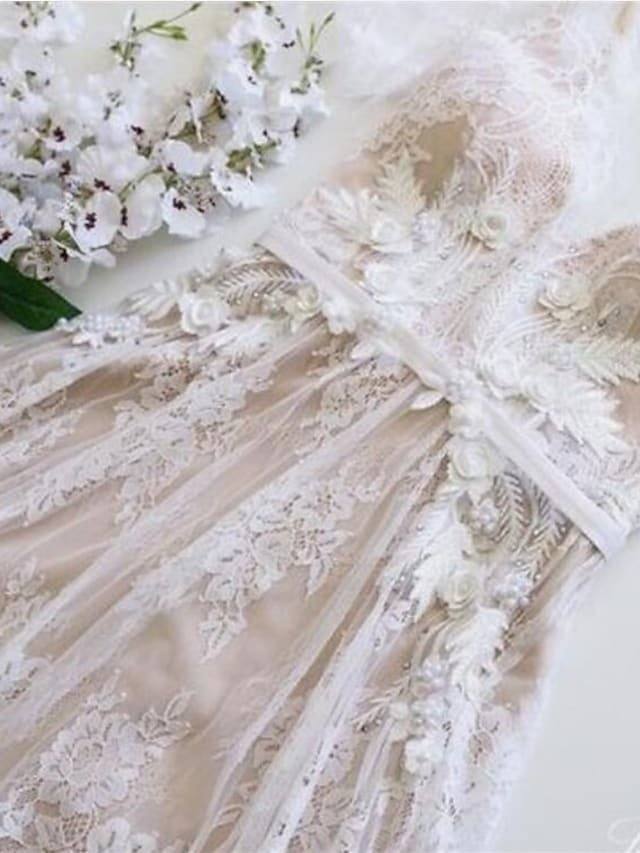 A-Line Wedding Dresses V Neck Sweep / Brush Train Tulle Short Sleeve Illusion Detail with Draping Appliques - RongMoon