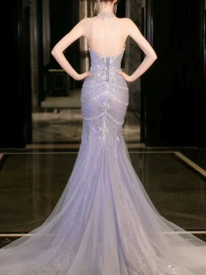 Blue gorgeous shiny beautiful off-shoulder exquisite beading long tulle mermaid slim fishtail skirt ball gown formal evening gown wedding dress gh3559