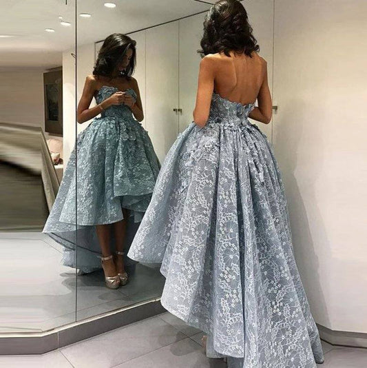 Silver Muslim Evening Dresses Ball Gown Sweetheart Lace Hi Low Islamic Dubai Saudi Arabic Long Formal Evening Gown - RongMoon