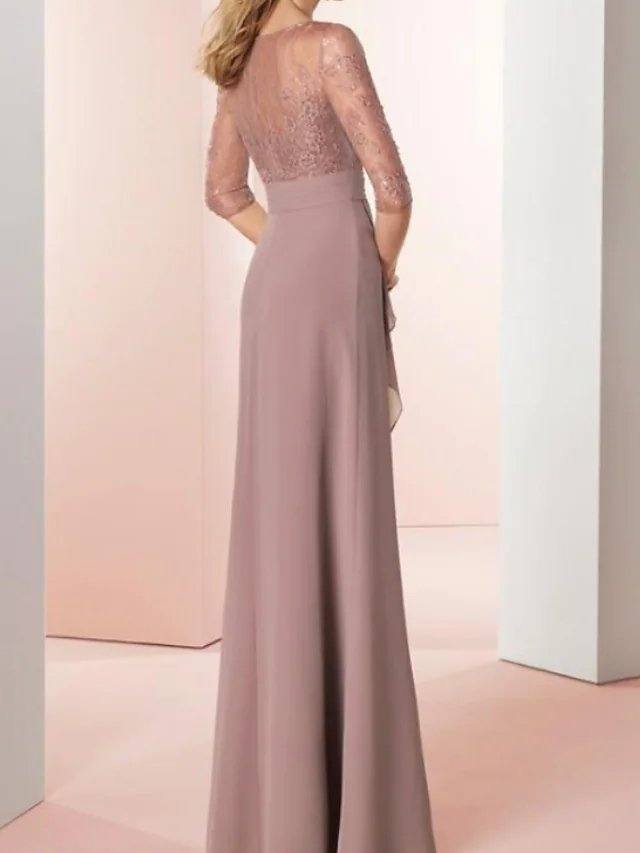 Sheath / Column Mother of the Bride Dress Elegant Jewel Neck Floor Length Chiffon Lace 3/4 Length Sleeve with Draping - RongMoon