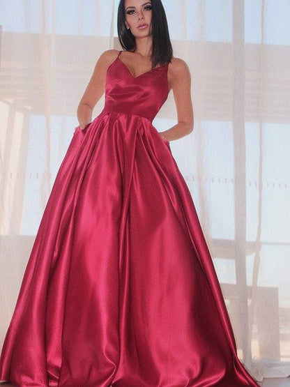 A-Line/Princess Sleeveless Ruffles V-neck Satin Floor-Length Dresses - RongMoon