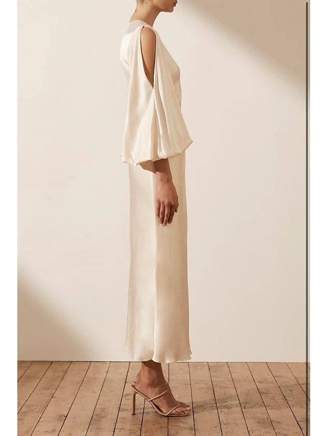 Sheath / Column Mother of the Bride Dress Simple Elegant V Neck Ankle Length Charmeuse 3/4 Length Sleeve with Bow(s) - RongMoon