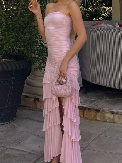 Sweet Pink Chiffon Strapless Evening Dress Multi-Layered Slit Prom Party Dress cc1945