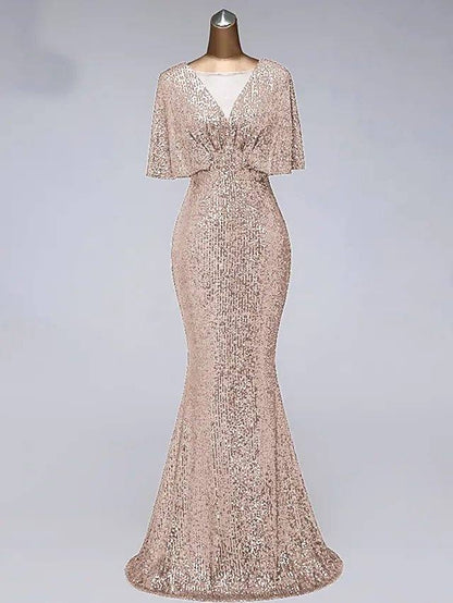 Mermaid / Trumpet Sparkle Elegant Prom Formal Evening Dress Illusion Neck Half Sleeve Floor Length Sequined with Sequin Ruffles - RongMoon