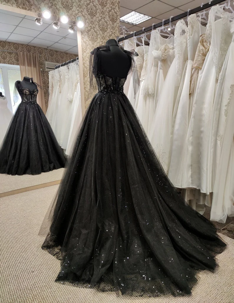 Sparkly black prom dress night corset neckline fairy tale tulle princess bride bridal gothic dark queen night alternative bride c3245