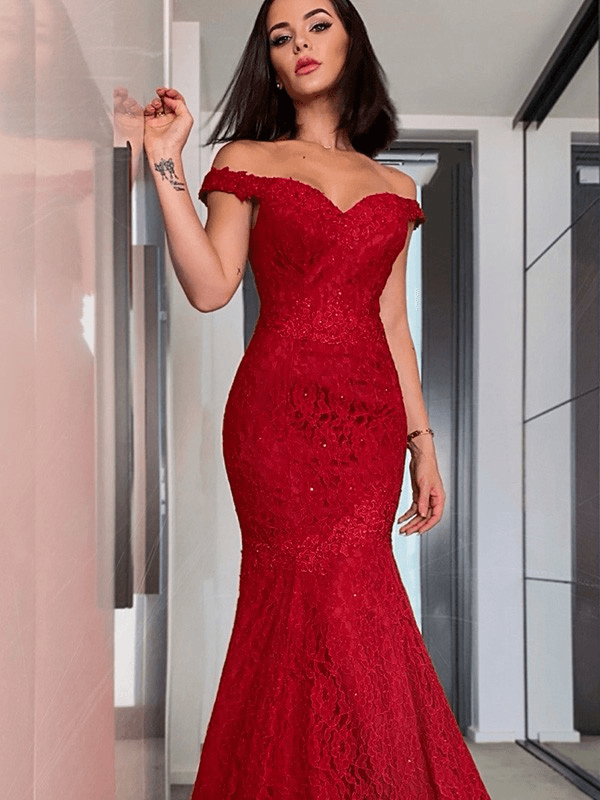 Sheath/Column Off-the-Shoulder Sleeveless Lace Ruffles Sweep/Brush Train Dresses - RongMoon