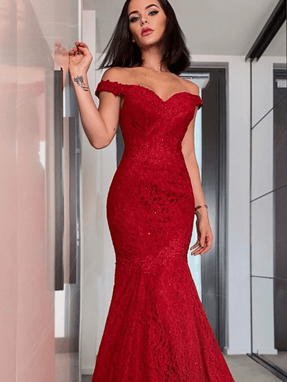 Sheath/Column Off-the-Shoulder Sleeveless Lace Ruffles Sweep/Brush Train Dresses - RongMoon