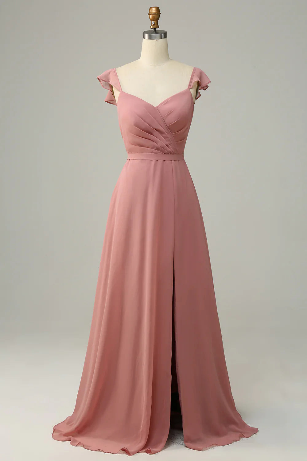 Dusty Rose A Line Ruffles Long Bridesmaid Dress With Slit