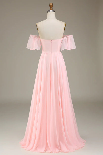 Blush Pink A-Line Off the Shoulder Chiffon Long Bridesmaid Dress