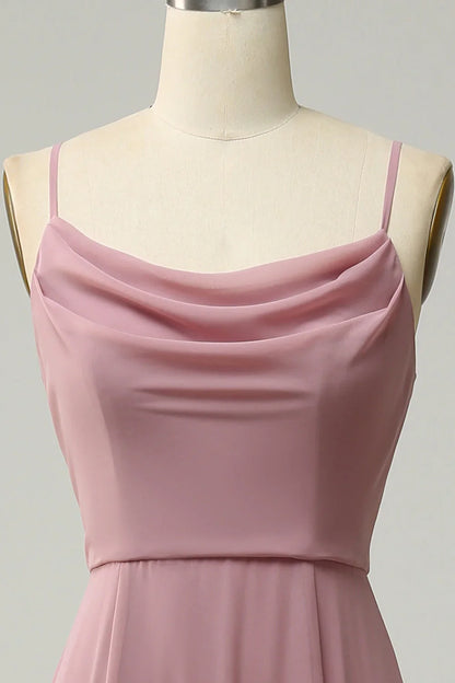 Thin shoulder strap A-line sleeveless long bridesmaid dress