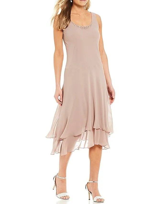 Two Piece A-Line Mother of the Bride Dress Elegant Jewel Neck Tea Length Chiffon Long Sleeve with Beading Cascading Ruffles - RongMoon