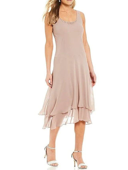 Two Piece A-Line Mother of the Bride Dress Elegant Jewel Neck Tea Length Chiffon Long Sleeve with Beading Cascading Ruffles - RongMoon