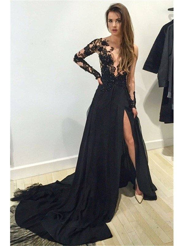 A-Line/Princess Bateau Long Sleeves Lace Chiffon Court Train Dresses - RongMoon