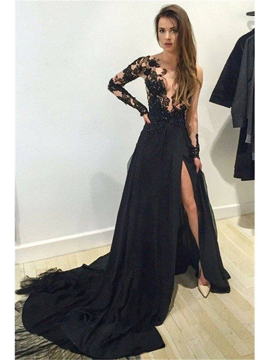 A-Line/Princess Bateau Long Sleeves Lace Chiffon Court Train Dresses - RongMoon