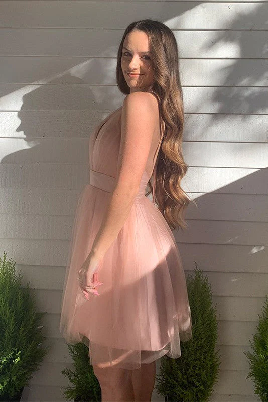 Tulle Short Pink Deep V Neck Backless Homecoming Dress c3237