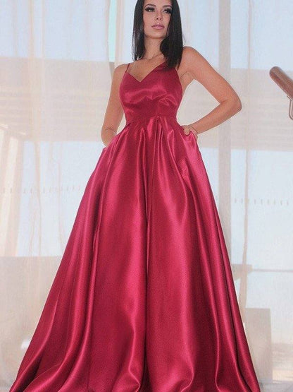A-Line/Princess Sleeveless Ruffles V-neck Satin Floor-Length Dresses - RongMoon