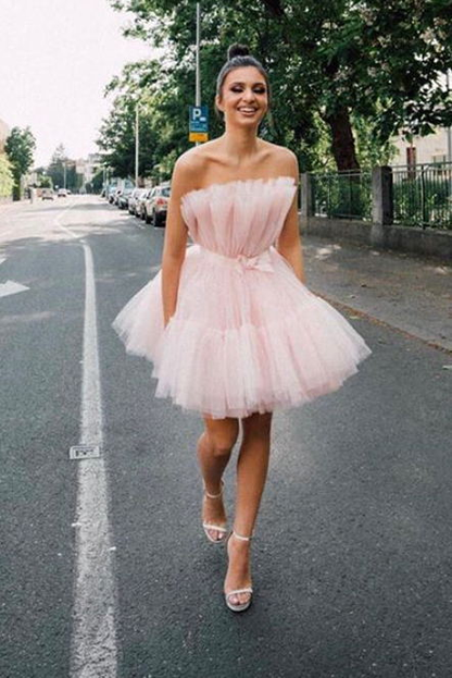 Strapless Pink Tulle Short Homecoming Dress, Princess Sleeveless Party Dress c3039