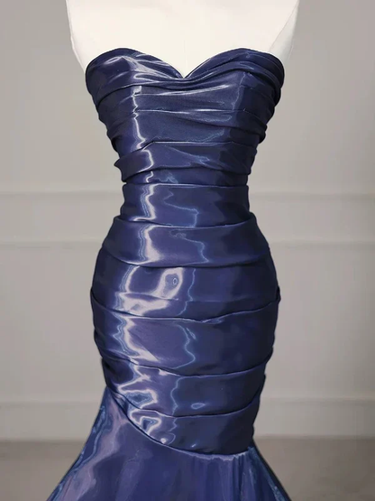 Gorgeous Strapless Navy Blue Evening Dress Ruched Mermaid Prom Party Dress cc2448