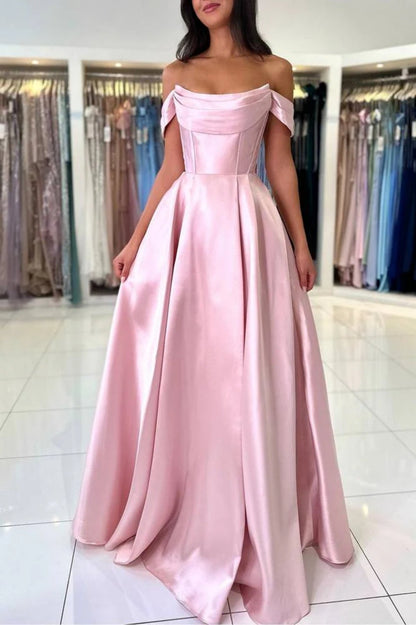 A Line Off the Shoulder Pink Satin Long Prom Dress, Off Shoulder Pink Formal Dress, Pink Evening Dress A2368