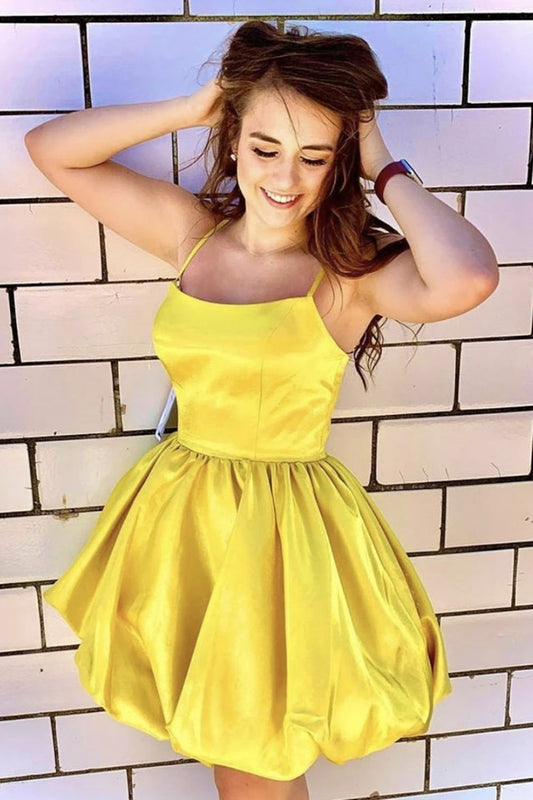 A Line Spaghetti Straps Short Yellow Satin Prom Homecoming Dress, Yellow Formal Graduation Evening Dress