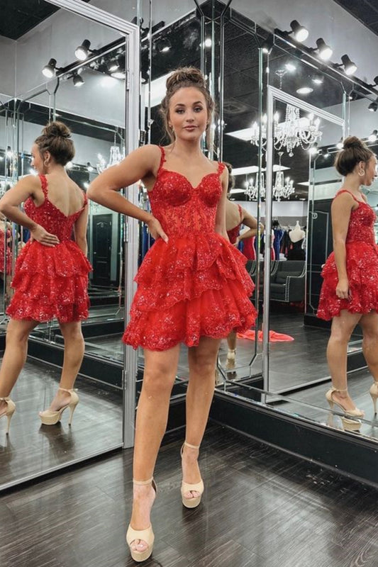 A Line V Neck Layered Red Lace Prom Dress, Short Red Lace Homecoming Dress, Red Formal Graduation Evening Dress A2197