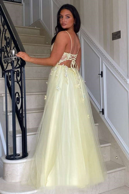 A Line V Neck Open Back High Slit Yellow Lace Long Prom Dress, Yellow Lace Formal Graduation Evening Dress A2283